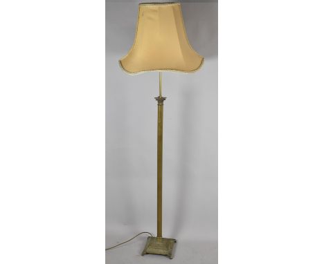 A Mid 20th Century Brass Standard Lamp and Shade on Stepped Square Base with Four Scrolled Feet, Ribbed Corinthian Column Sup