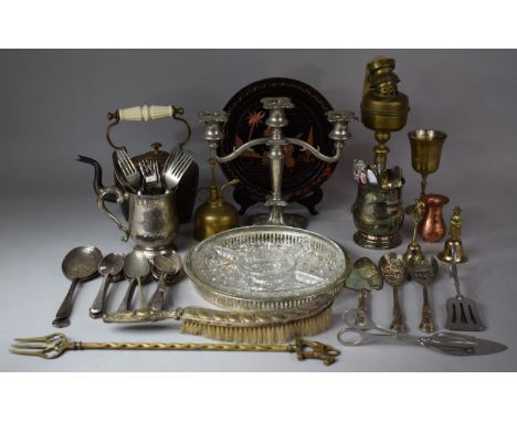A Collection of Various Metalwares to include Three Branch Candelabra, Ceramic Handled Copper and Brass Kettle, Cutlery, Orna