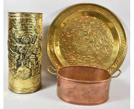 A Circular Pressed Brass Stick Stand, Copper Two Handled Cooking Pot and Brass Charger 