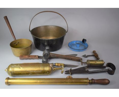 A Box Containing Brass Jam Kettle, Garden Spray, Brass Fire Extinguisher, Machete, Hunting Knife etc 