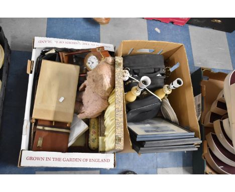 Two Boxes of Sundries to Include Table Lamps, Pictures and Prints, Mantle Clock, Dressing Table Set, Car DVD Player 