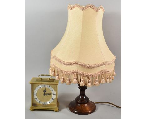 A Turned Wooden Table Lamp and Shade Together with an Acctim Carriage Clock with Quartz Movement 
