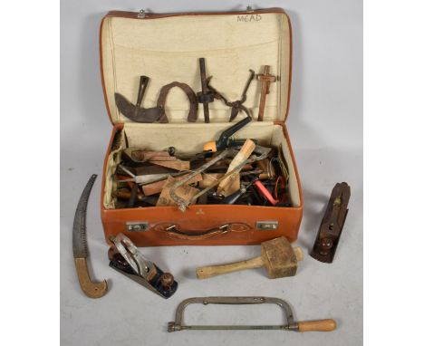 A Vintage Suitcase Containing Various Carpenters and Workshop Tools to Include Record and Acorn Planes, Scribing Tools etc 
