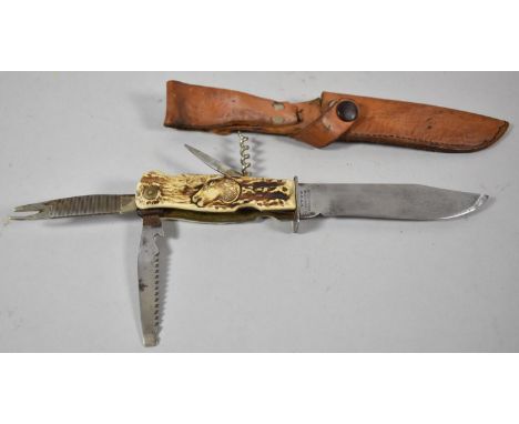 A Vintage German Hunting Multitool Hunting Knife in Leather Sheath, Carved Bone Mounts Decorated with Deer 