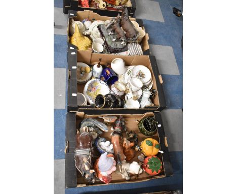 Three Boxes of Ceramic to Include Breakfastwares, Animal and Bird Ornaments, Egg Crock, Sauce Pots etc 