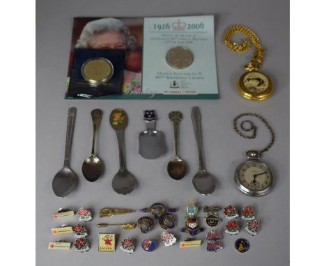 A Collection of Various Enamelled Badges Souvenir Teaspoons, Modern and Vintage Pocket Watches, Tea Caddy Spoon, Coin etc 