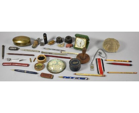 A Small Collection of Curios to Include Vintage Advertising Pencils, Brass Tobacco Box, Stud Box, Paperweight, Travel Alarm C