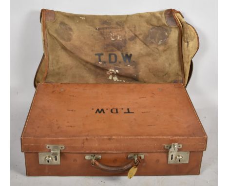 A Vintage Leather Fitted Travelling Case with Canvas Cover, Containing Some Leather Accessories to Include Folding Mirror, Bl