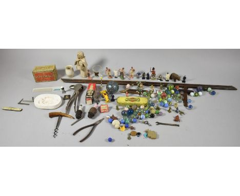 A Collection of Curios to Include Vintage Novelty Bird's Head Nutcracker, Various Marbles, Vintage Dolls Peek Frean's Tin, To