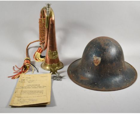 A Reproduction Copper and Brass Military Style Bugle, Discharge Certificate and Two Military Badges and Continental Helmet 