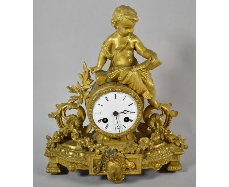 A French Gilt Figural Mantle Clock with Barrel Movement and Seated Cherub Reading Book, 31cm high 