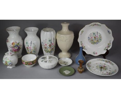 A Collection of Various Ceramics in include Aynsley Wild Tudor Vases, Wedgwood Lamp Base, Two Pieces of Wedgwood Jasperware, 