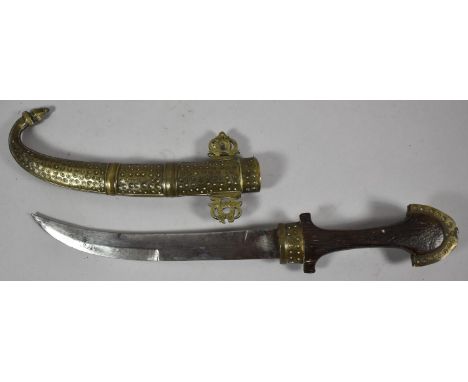 A Persian Wooden Handled Curved Blade Dagger with Brass Scabbard, 39cm long 