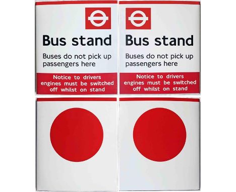 Pair of most unusual London Transport 1990s enamel BUS STOP FLAGS, the first an example lettered 'Bus Stand, Buses do not pic