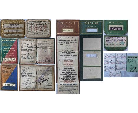 Selection (6) of 1907 onwards RAILWAY SEASON TICKETS, all in leatherette holders, comprising 1907 LSWR 1st-class Waterloo &am