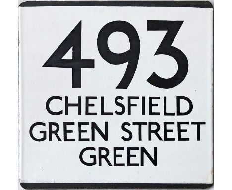 London Transport bus stop enamel E-PLATE for route 493 destinated Chelsfield, Green Street Green. Likely to have been at Orpi