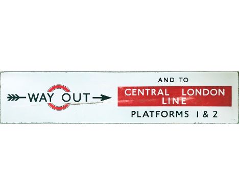 1930s London Underground ENAMEL SIGN 'Way Out and to Central London Line, Platforms 1 &amp; 2'. Note the 3-flighted arrow bis