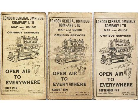 Selection (3) of 1912 London General Omnibus Co POCKET MAPS and GUIDES TO OMNIBUS SERVICES. Early issues from the second year