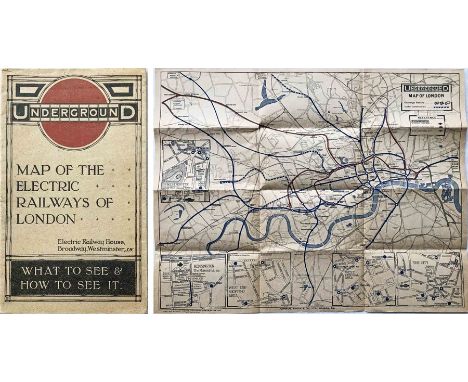 1914/5 London Underground pocket MAP OF THE ELECTRIC RAILWAYS OF LONDON 'What to See &amp; How to See it'. Opens out to 17 " 