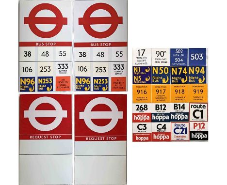 Pair of London Transport enamel BUS STOP FLAGS (Compulsory and Request). E9-size, double-sided 'boat'-type flags of the new t