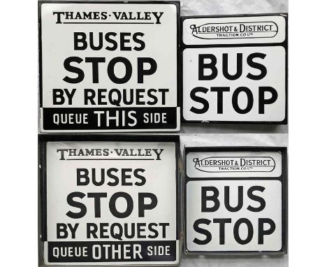 Pair of 1950s/60s double-sided, flanged enamel BUS STOP FLAGS, the first for Aldershot &amp; District, the second for Thames 