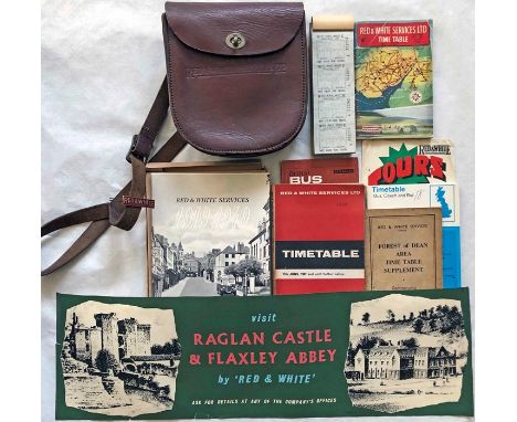 Box of Red &amp; White Services MEMORABILIA from the 1940s onwards comprising timetables, conductor's cash bag, cap badge, in