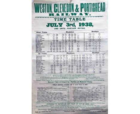 1938 Weston, Clevedon &amp; Portishead Railway double-crown POSTER 'Time Table commencing July 3rd, 1938 until further notice