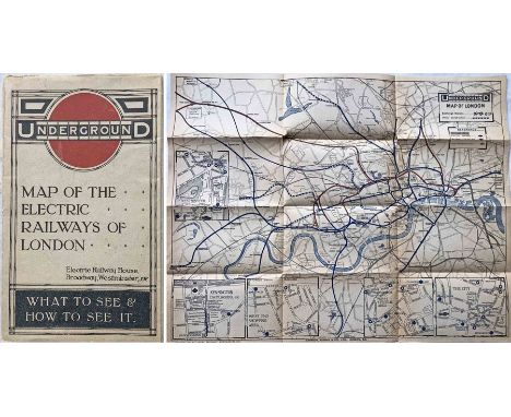 1914/5 London Underground pocket MAP OF THE ELECTRIC RAILWAYS OF LONDON 'What to See &amp; How to See it'. Opens out to 17 " 