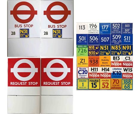 Pair of London Transport enamel BUS STOP FLAGS (Compulsory and Request). E9-size, double-sided 'boat'-type flags of the type 