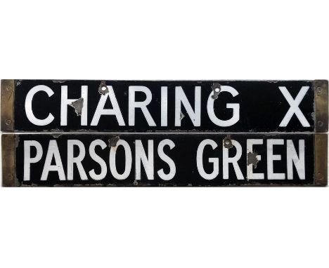 London Underground Q-Stock enamel CAB DESTINATION PLATE Charing X [Charing Cross]/Parsons Green on the District Line. Double-