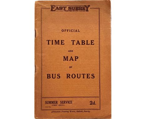 1929 East Surrey Traction Co Ltd TIMETABLE BOOKLET 'Official Time Table and Map of Bus Routes'. Summer Service (First Issue) 