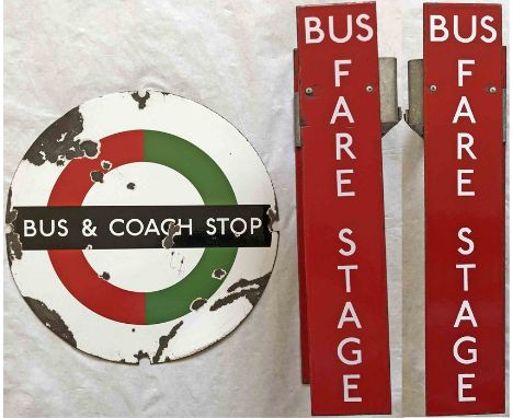 Pair of London Transport ENAMEL SIGNS, the first a  'DOLLY' BUS &amp; COACH STOP PLATE (Compulsory version), a very uncommon 