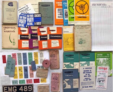 Box of Crosville Motor Services 1940s onwards EPHEMERA including timetable booklets, unused ticket packs, 'Crosville in Warti