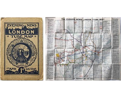 c1910 Evening News LONDON TUBE MAP &amp; GUIDE. Produced by George Philip &amp; Sons and features a unique cover design of tu