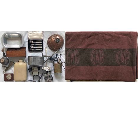 Box of Great Western Railway/GWR Hotels RELICS, nearly all marked 'GWR' and comprising a cycle lamp, set of forks, blowlamp, 