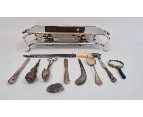 Serving hot plate, assorted silver plated flatware, scissors, etc