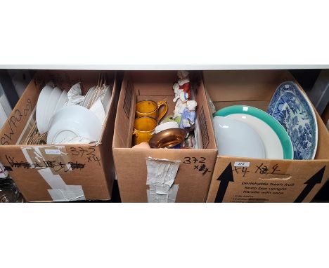 Four boxes of mixed ceramics and glass including two large meat plates, model figures, blue glass fish, etc