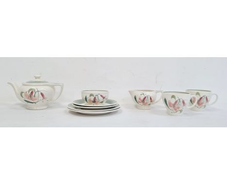 Susie Cooper hand-painted tea set for two, comprising teapot, milk jug, sugar bowl, two cups and saucers, underglaze decorate