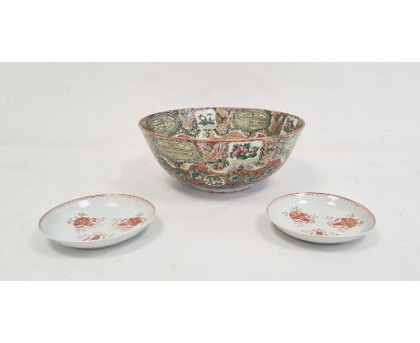 Chinese Canton porcelain bowl with floral medallions on an orange scale ground, 23cm diameter and a pair of 18th century Chin