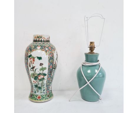 19th century Chinese famille verte inverse baluster-shaped porcelain vase/table lamp, 40cm high approx  Condition Reportno ob