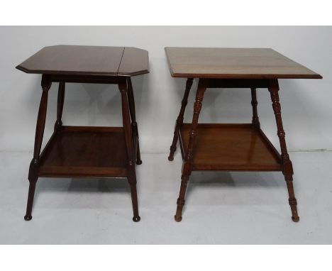 19th century mahogany centre table, the square top with moulded edge and canted corners, on turned supports, shelf undertier 