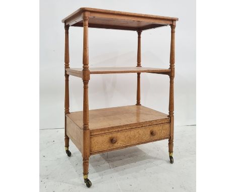 Early 19th century bird’s eye maple three-tier whatnot, rectangular, the top with rounded corners above ring-turned circular 