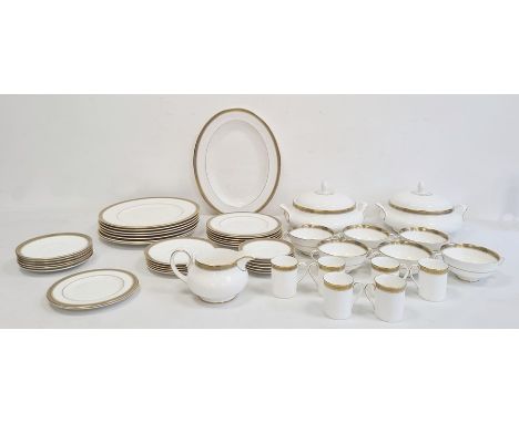 Royal Doulton dinner service with gilt border on a white ground 'Clarendon' pattern, no.H.4993 comprising dinner plates, pair