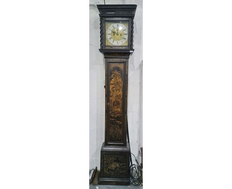 18th century black lacquered longcase clock, the square-shaped hood enclosing brass dial, subsidiary dial, winding holes and 