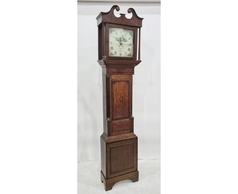 19th century mahogany and oak 30-hour longcase clock, with broken swan neck pediment, square-shaped hood enclosing painted Ro