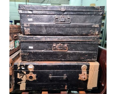 Two vintage metal travelling trunks and another (3) 