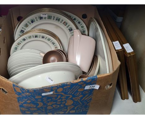 Royal Doulton 'Tapestry' part dinner service, a Poole part tea service, two vintage photographs and two framed model plaster 