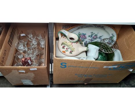 Three boxes of assorted glassware to include carnival glass, pressed glass, wines, sherry and a box of assorted ceramics incl