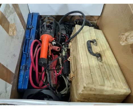 Quantity of car mechanics tools including socket set, jump leads, torque wrench and a toolbox containing spanners and loose s