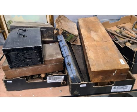 Two boxes of vintage woodworking tools,  a brass blow torch, three boxes of assorted spanners, gauges, etc, a part socket set